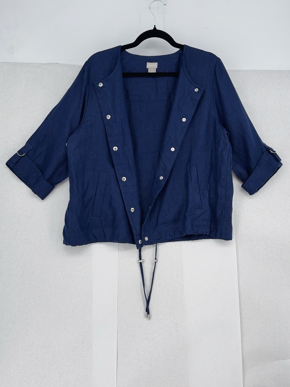 Chicos short linen utility jacket 3/4 slv jacket kings navy NWT SIZE 2 - Picture 3 of 8